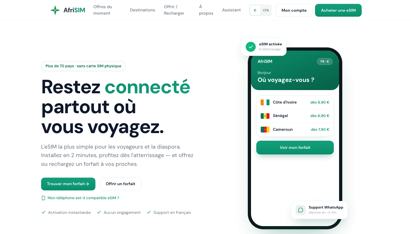 Capture du site afrisim.fr — eSIM voyage